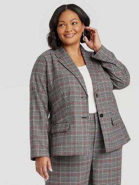 Women's Front-Button Blazer - Ava & Viv Gray Plaid XXL